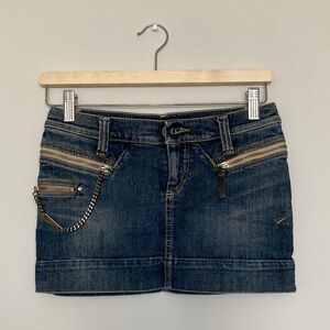 Miss Sixty Euro Denim Mini Skirt with Zip and Chain Detail - Blue